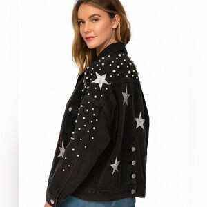 Pol light black denim punk girly star and pearl embellished destroyed jacket M